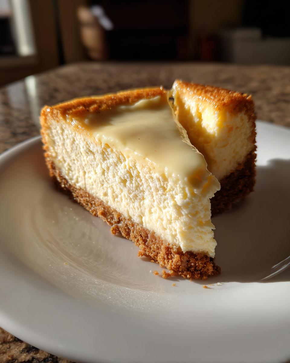 A slice of creamy Eggnog cheesecake with a graham cracker crust, topped with a smooth eggnog glaze.
