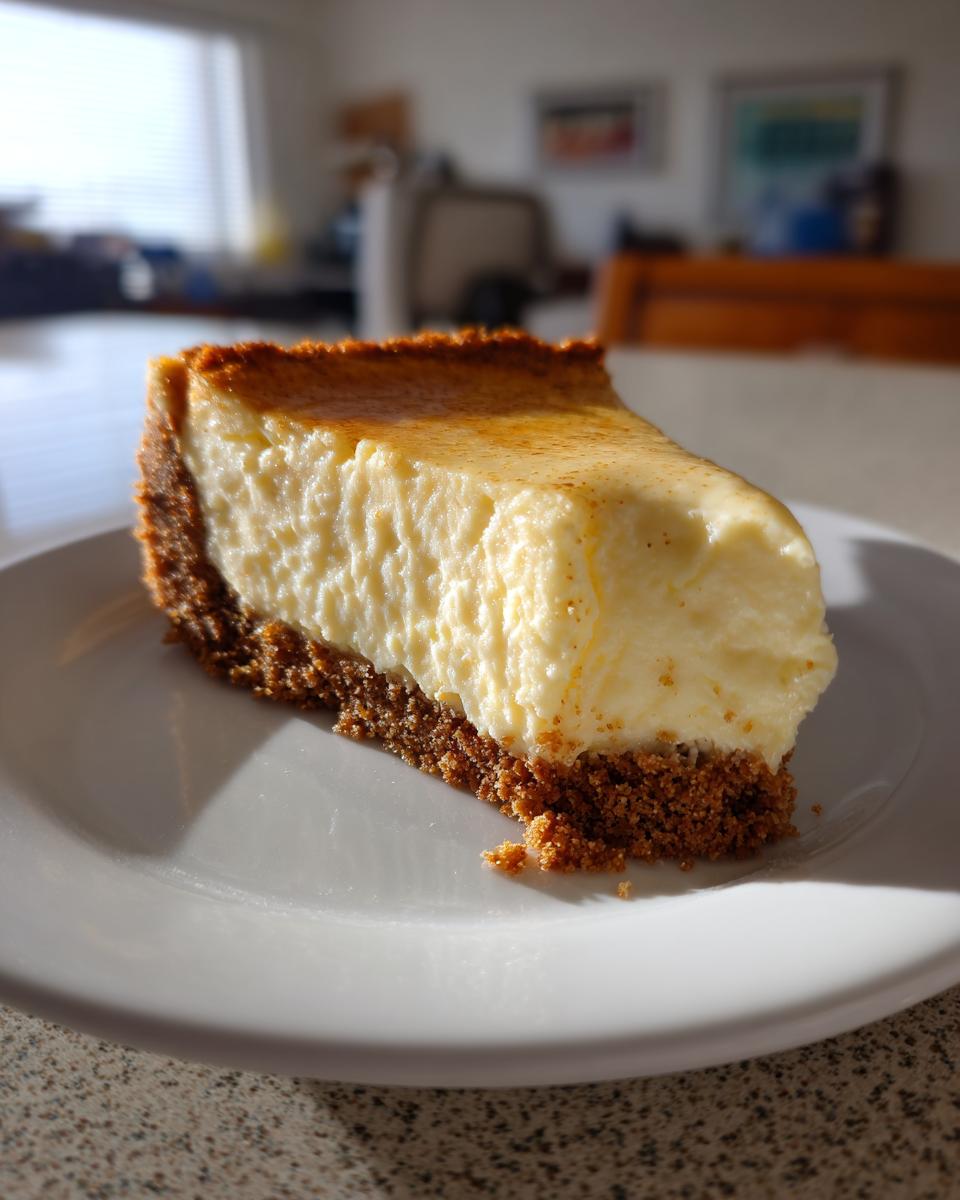 A delicious slice of creamy eggnog cheesecake with a graham cracker crust on a white plate.