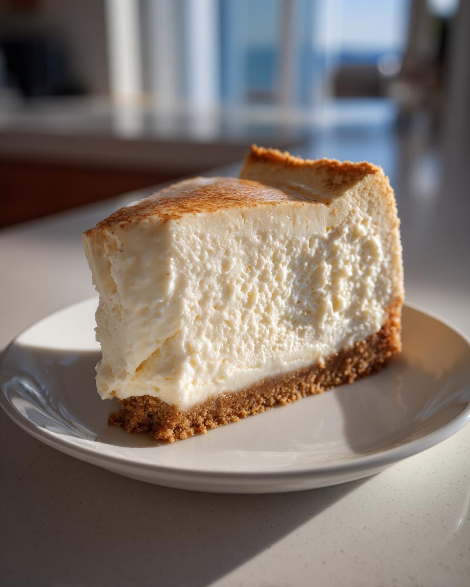 A slice of creamy Eggnog cheesecake with a graham cracker crust on a white plate, dusted with cinnamon.