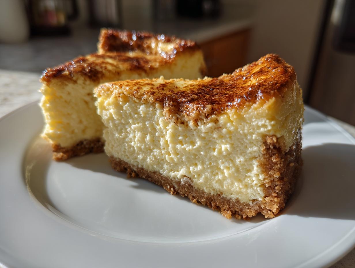 Two slices of creamy eggnog cheesecake with a caramelized top and graham cracker crust on a white plate.