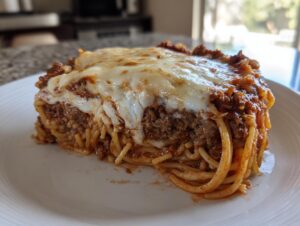 A thick slice of baked spaghetti pie featuring layers of spaghetti, meat sauce, and melted mozzarella cheese on a white plate.