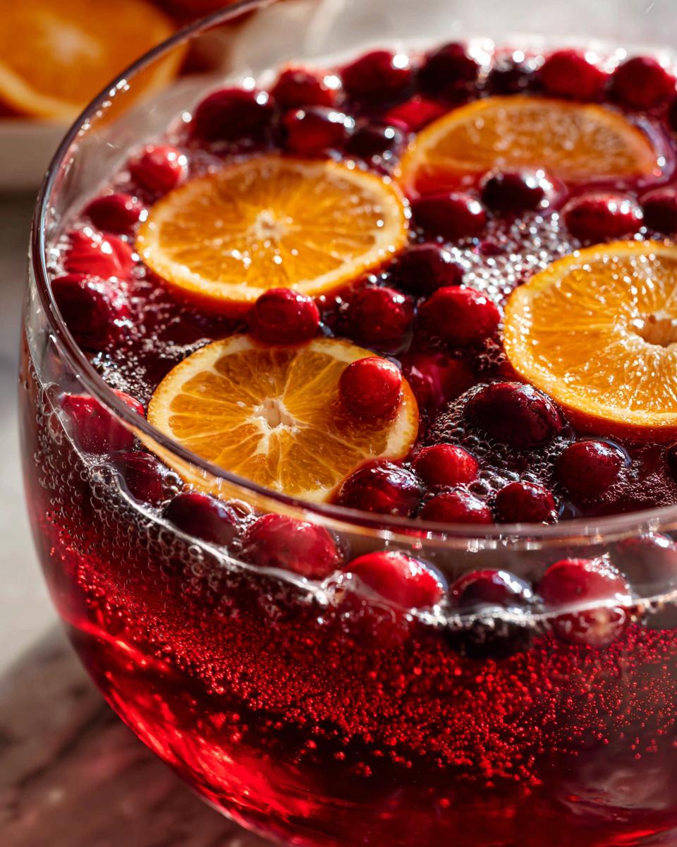 Close-up of a bubbling, deep red holiday punch garnished with floating cranberries and bright orange slices.