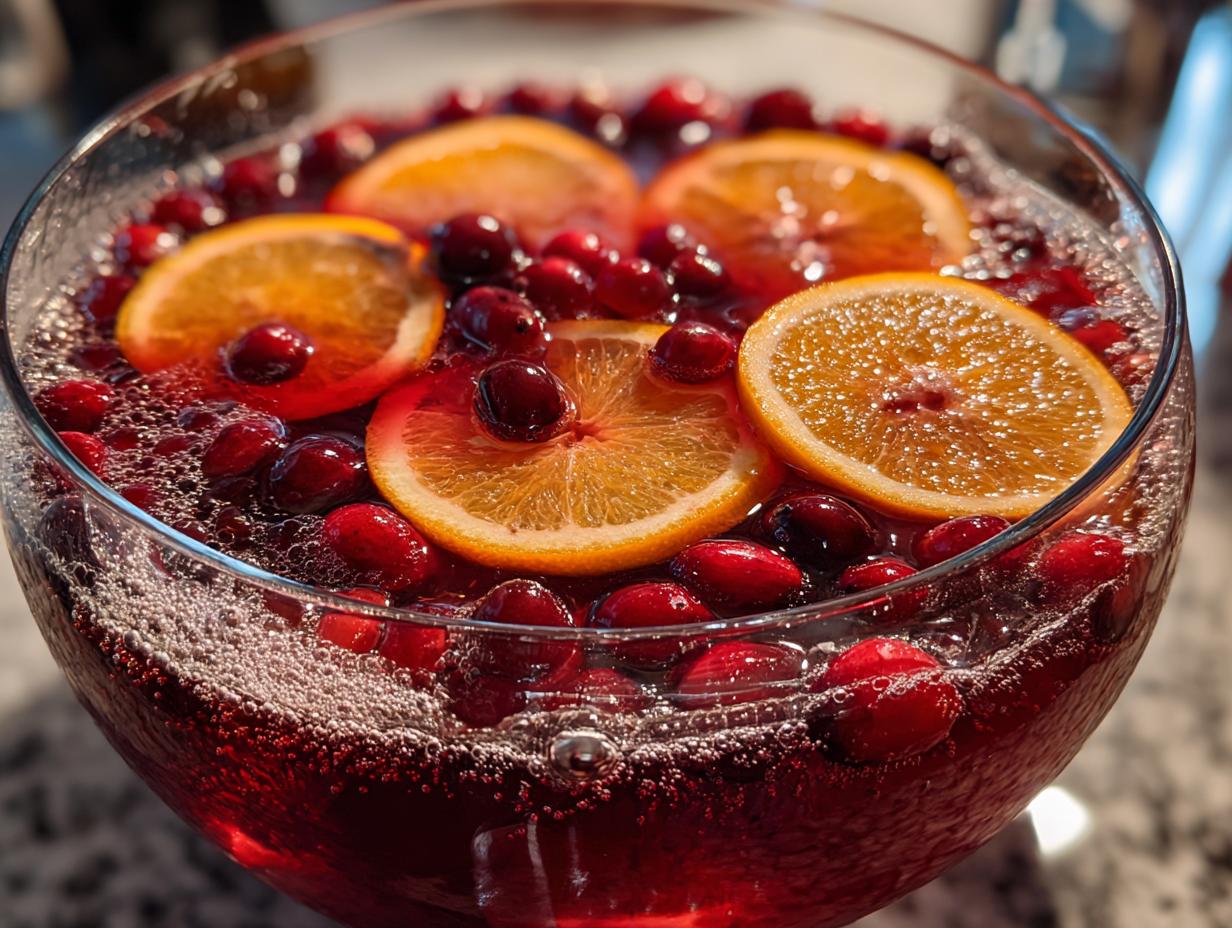 Close-up of a sparkling red holiday punch garnished with floating cranberries and bright orange slices.