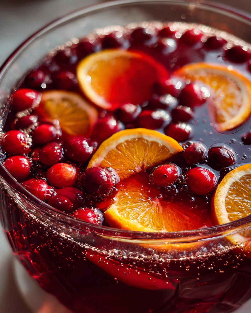 Close-up of a deep red Holiday punch garnished with floating orange slices and fresh cranberries.
