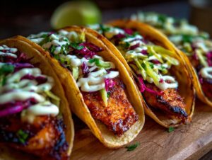 Close-up of delicious fish tacos filled with seasoned fish, shredded cabbage, and a creamy white sauce.