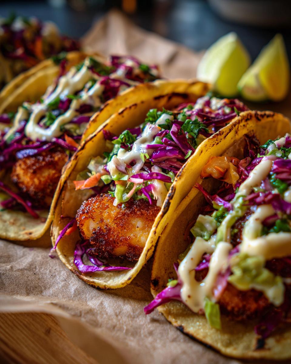 Close-up of three golden-brown fish tacos filled with crispy fish, red cabbage slaw, and a drizzle of creamy sauce.