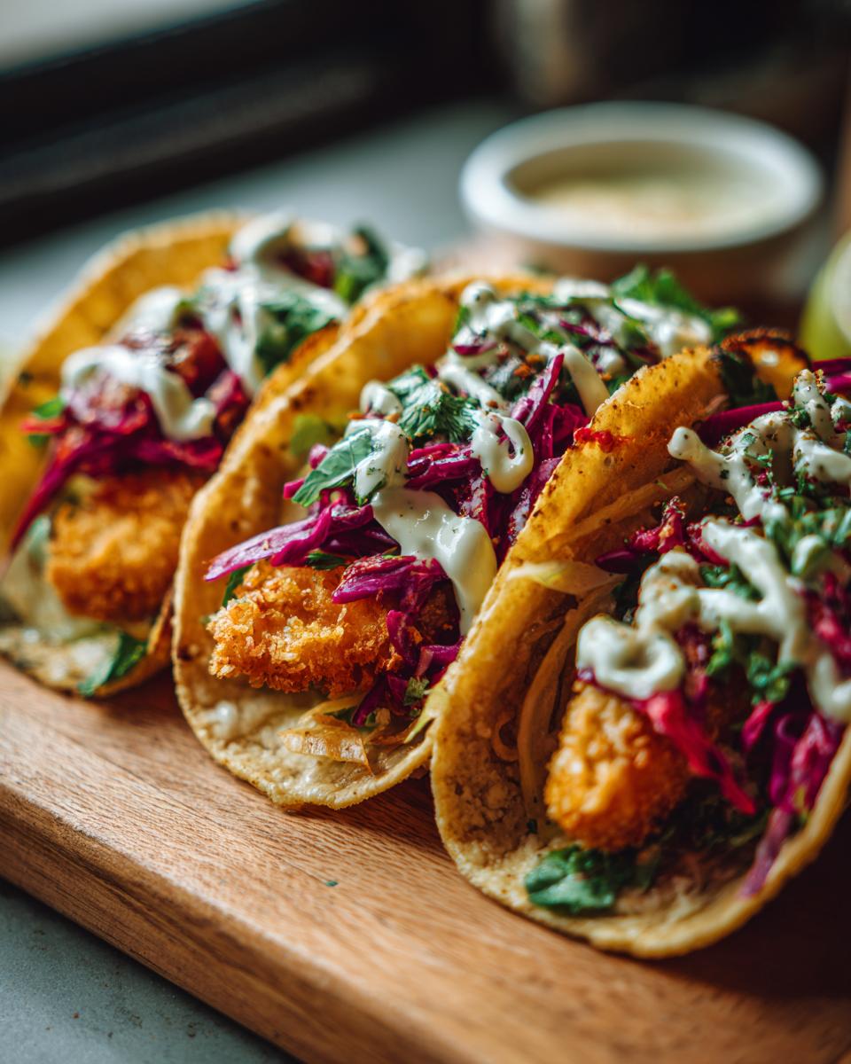 Three crispy fish tacos on a wooden board, topped with red cabbage, cilantro, and a creamy white sauce.