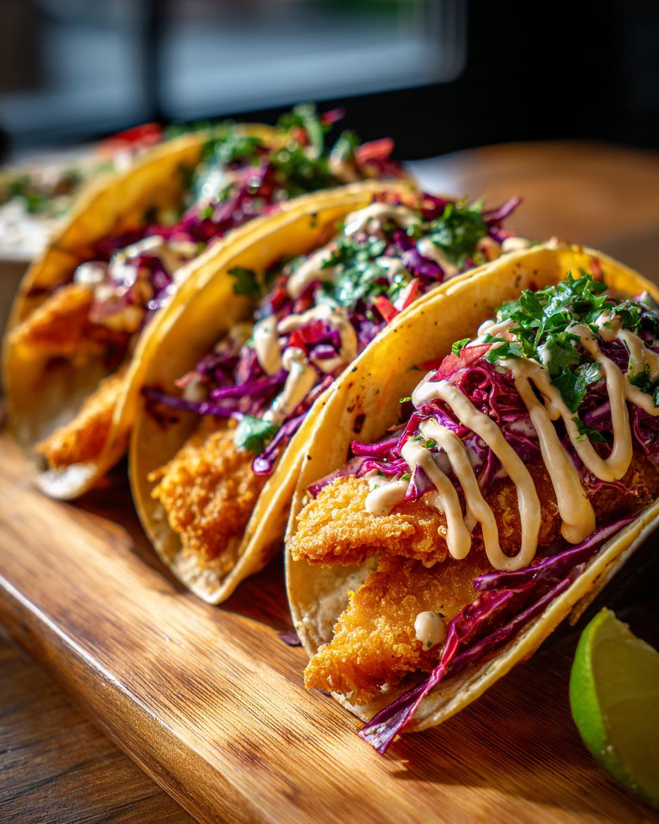 Three crispy fish tacos filled with breaded fish, red cabbage slaw, and drizzled with sauce, served on a wooden board with a lime wedge.