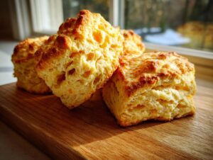 Close-up of golden-brown, flaky buttermilk biscuits stacked on a wooden cutting board, bathed in natural light.