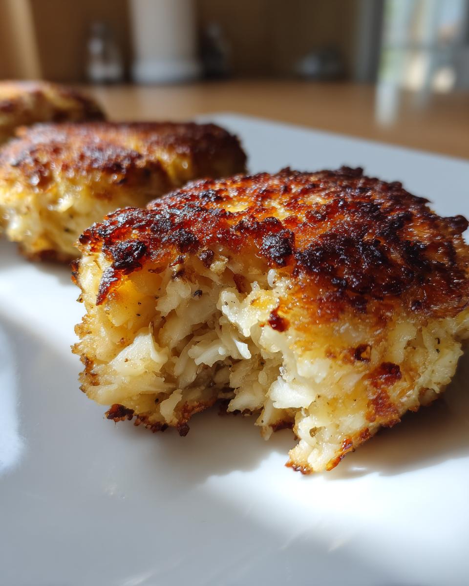 Close-up of a perfectly golden-brown crab cake with a bite taken out, revealing flaky crab meat inside.