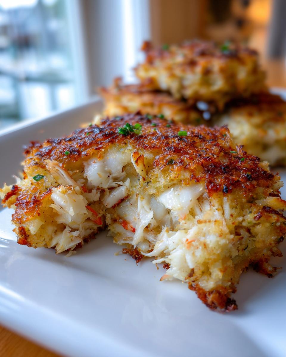Close-up of a perfectly cooked crab cake, showcasing flaky crab meat and a golden-brown crust, garnished with chives.