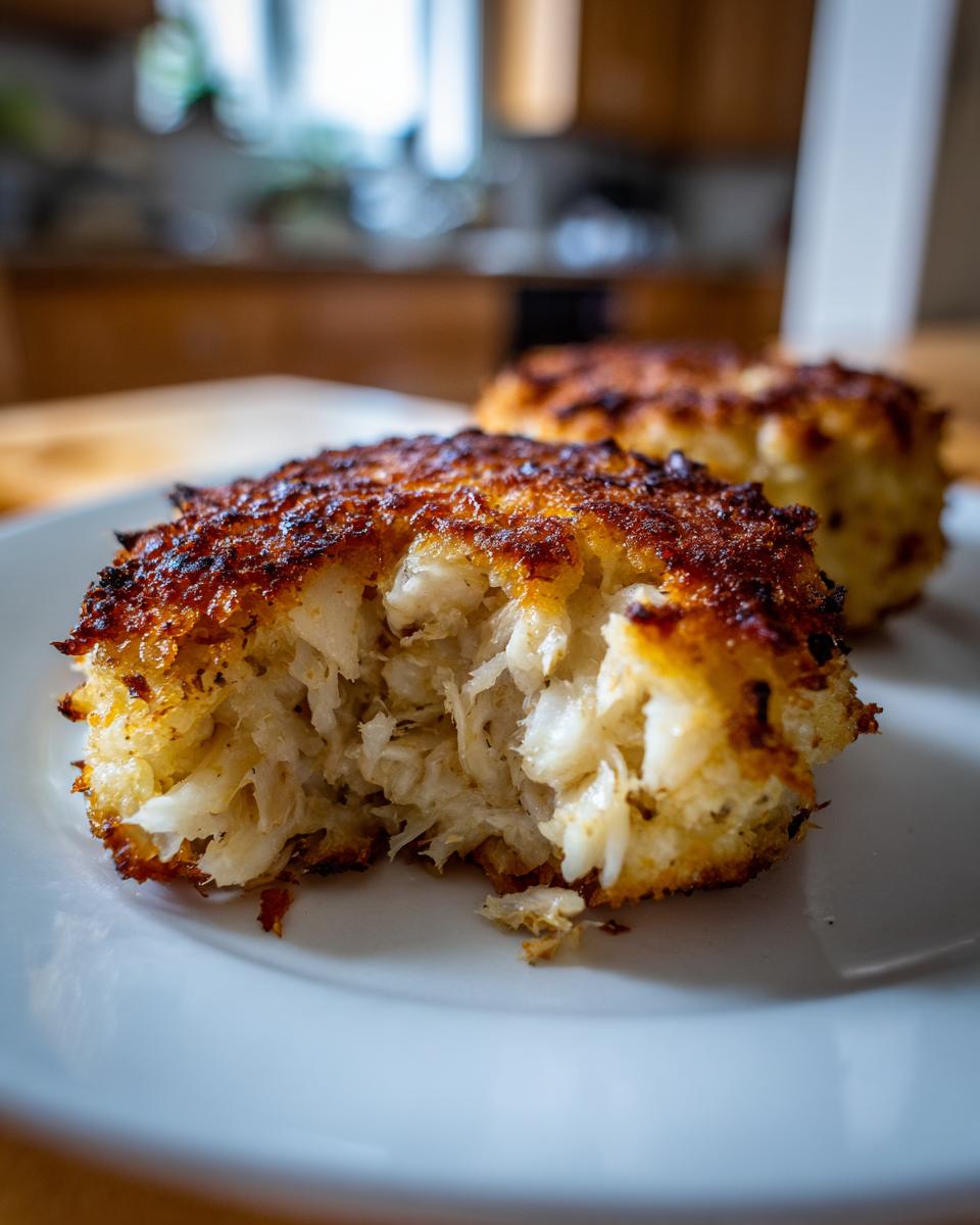 Close-up of two golden-brown crab cakes on a white plate, one with a bite taken out revealing flaky crab meat.
