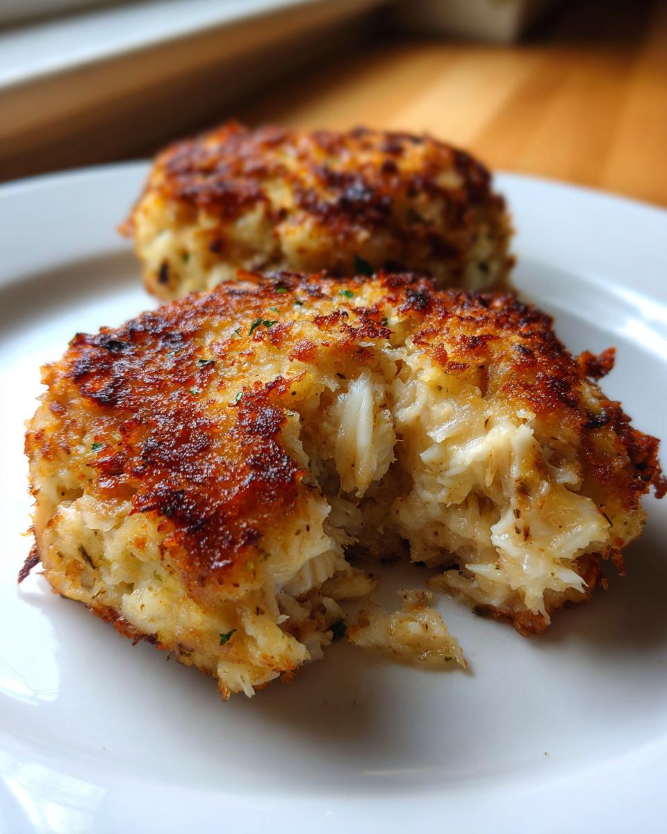 Close-up of two golden-brown, perfectly cooked crab cakes on a white plate, one with a bite taken out.