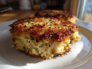 Close-up of two perfectly golden-brown crab cakes on a white plate, showcasing their flaky texture and herbs.