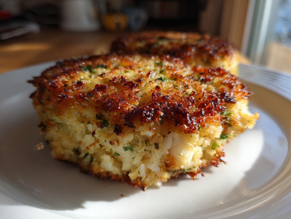 Close-up of two perfectly golden-brown crab cakes on a white plate, showcasing their flaky texture and herbs.