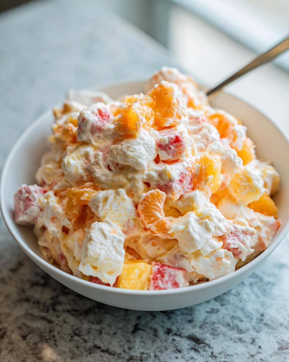A close-up of a white bowl filled with fluffy ambrosia salad, featuring mandarin oranges, pineapple chunks, and maraschino cherries.