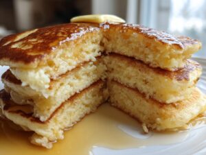Close-up of a tall stack of fluffy buttermilk pancakes cut in half, showing the interior texture, topped with butter and syrup.