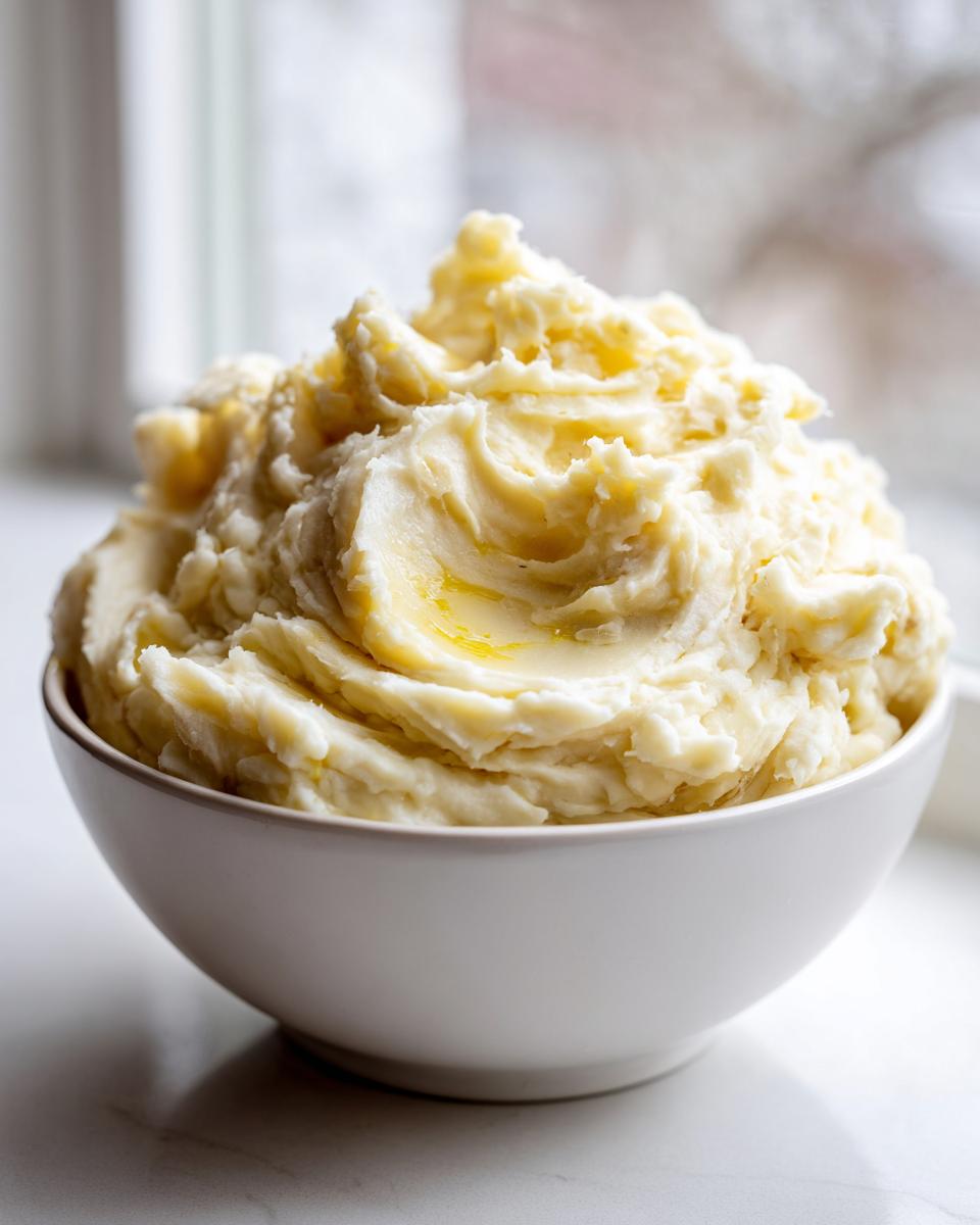A close-up of creamy, fluffy garlic mashed potatoes served in a white bowl with a pat of melting butter on top.