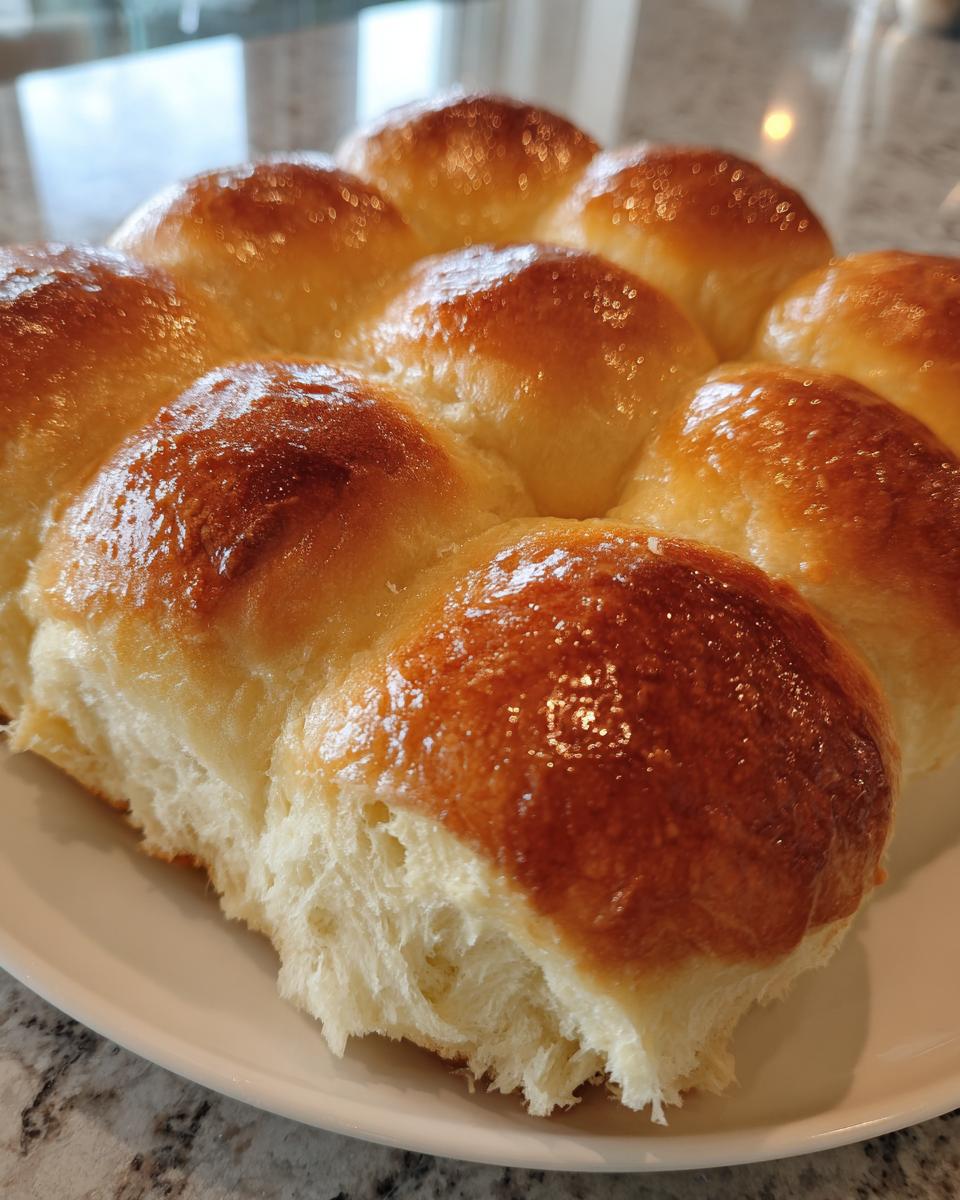 Close-up of freshly baked, pull-apart homemade dinner rolls with a shiny, golden-brown top.