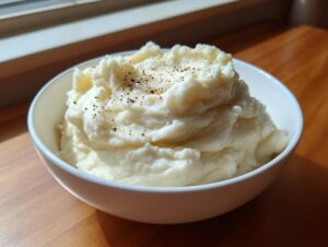 A close-up of creamy, fluffy mashed cauliflower topped with cracked black pepper in a white bowl.