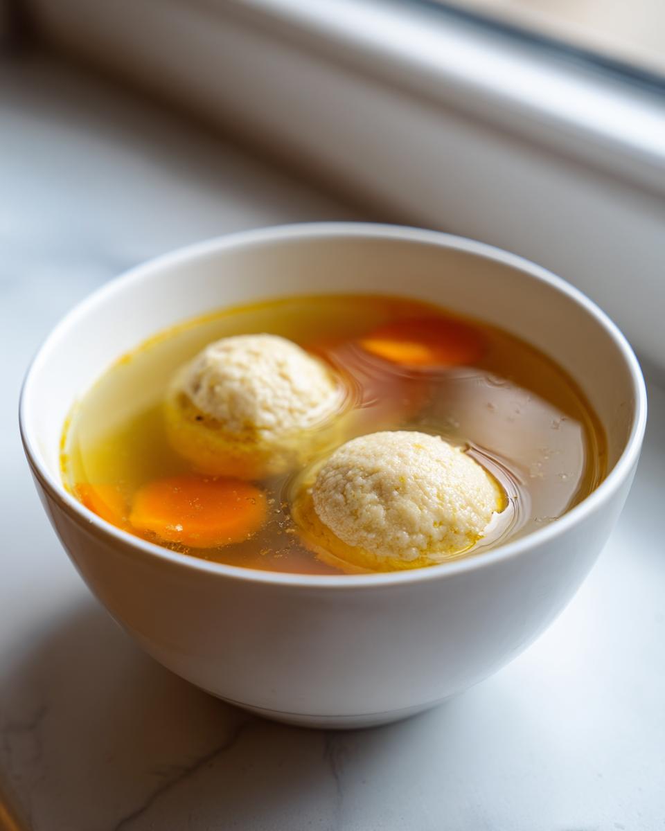 A close-up of a white bowl filled with clear broth, two fluffy matzo balls, and sliced carrots, representing delicious Matzo ball soup.