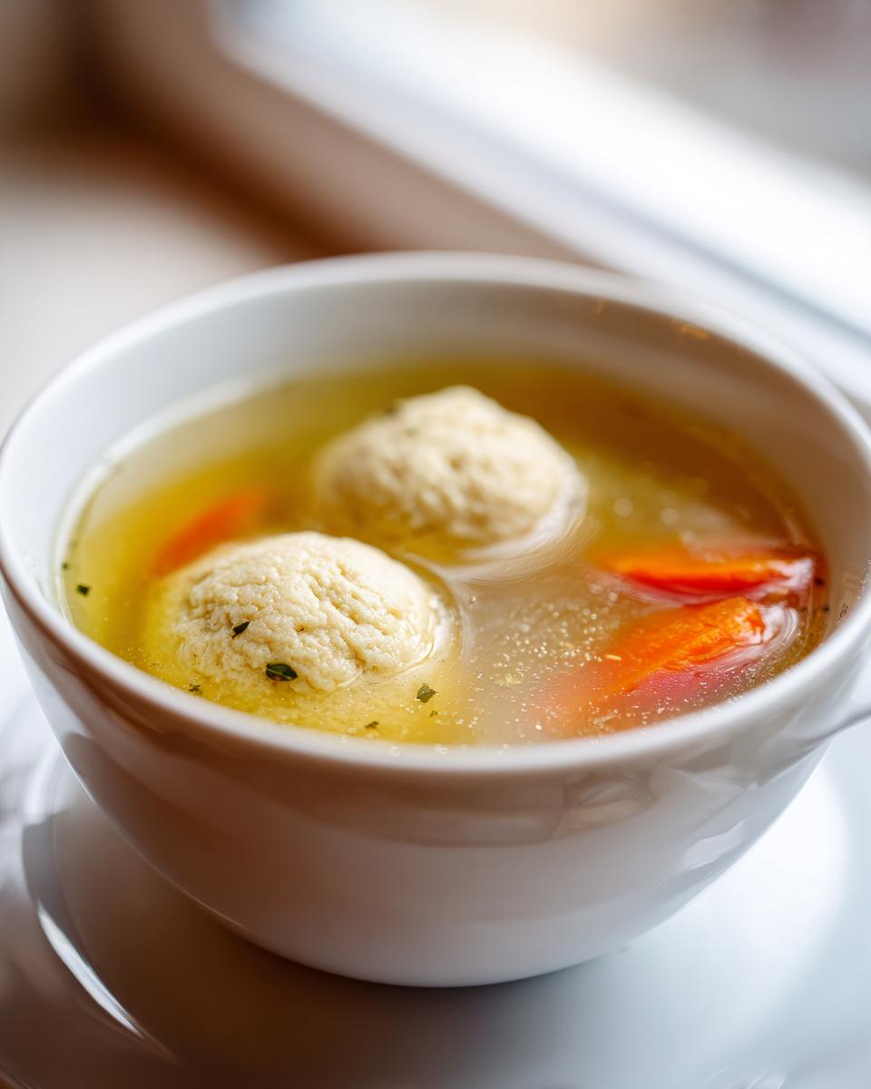 Close-up of two fluffy matzo balls floating in golden broth with sliced carrots in a white bowl of Matzo ball soup.