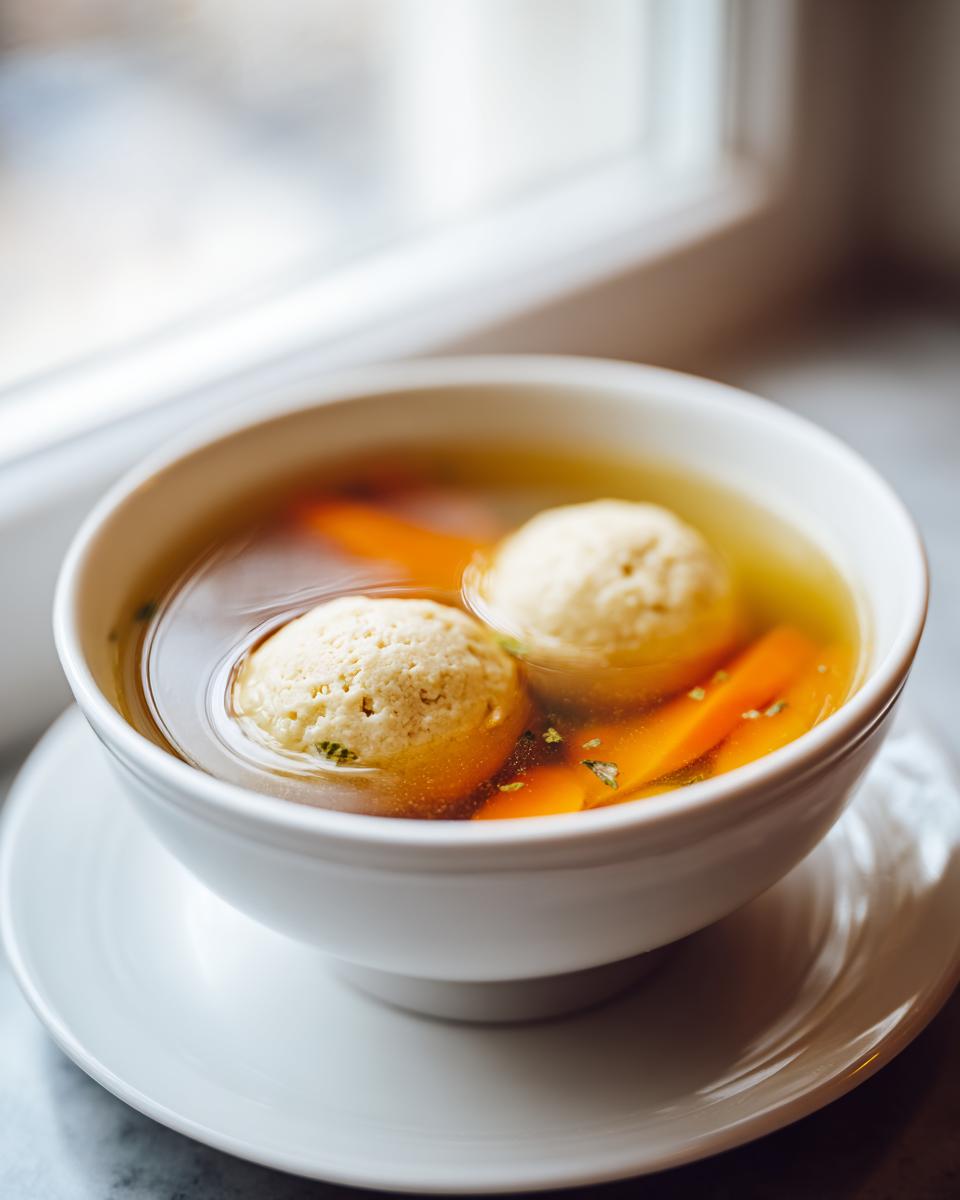 Close-up of two fluffy matzo balls floating in clear broth with sliced carrots in a white bowl of matzo ball soup.