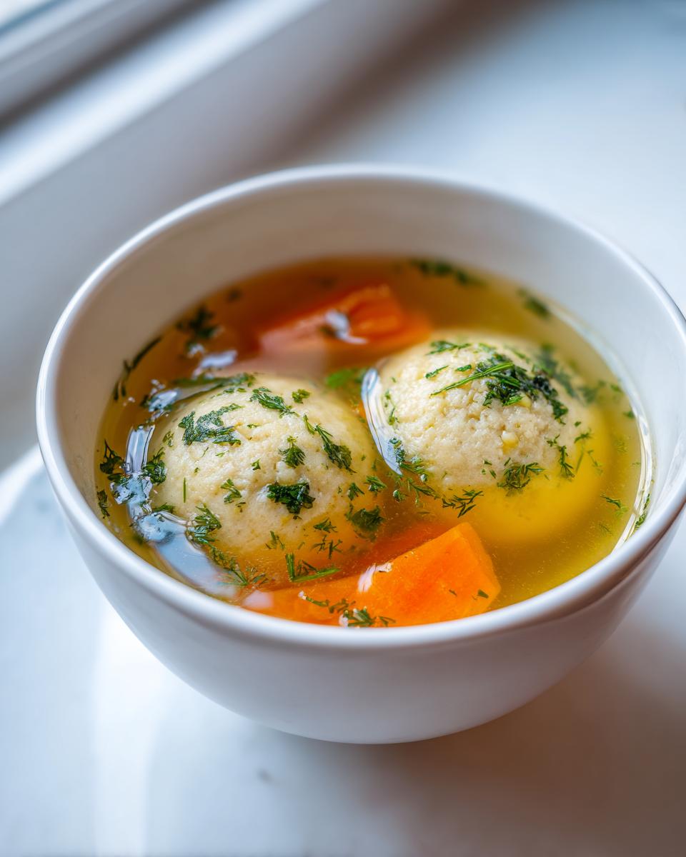 Close-up of two fluffy matzo balls floating in clear broth with carrots and fresh dill in a white bowl, perfect Matzo ball soup.