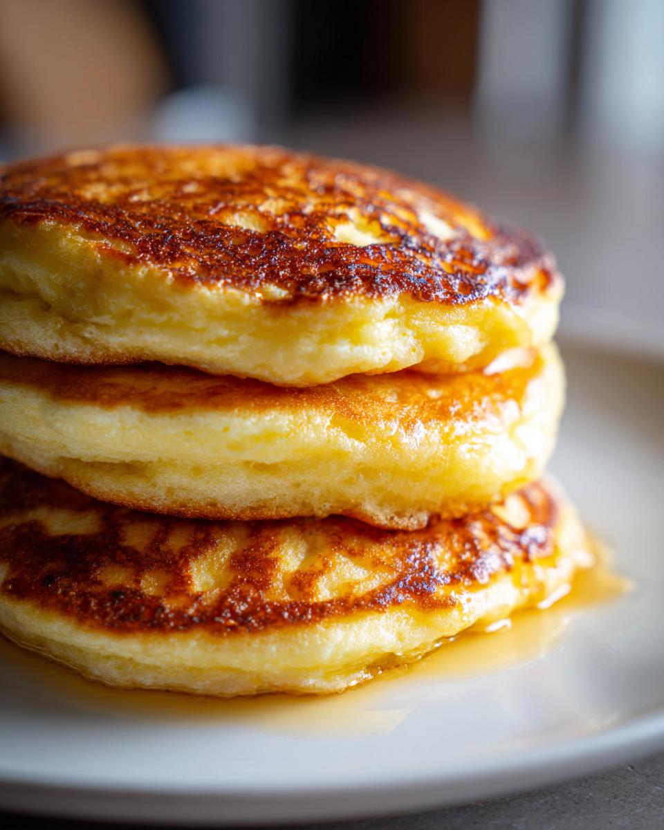 A close-up of a stack of three golden-brown, fluffy pancakes with a slightly crisp edge, drizzled with syrup.