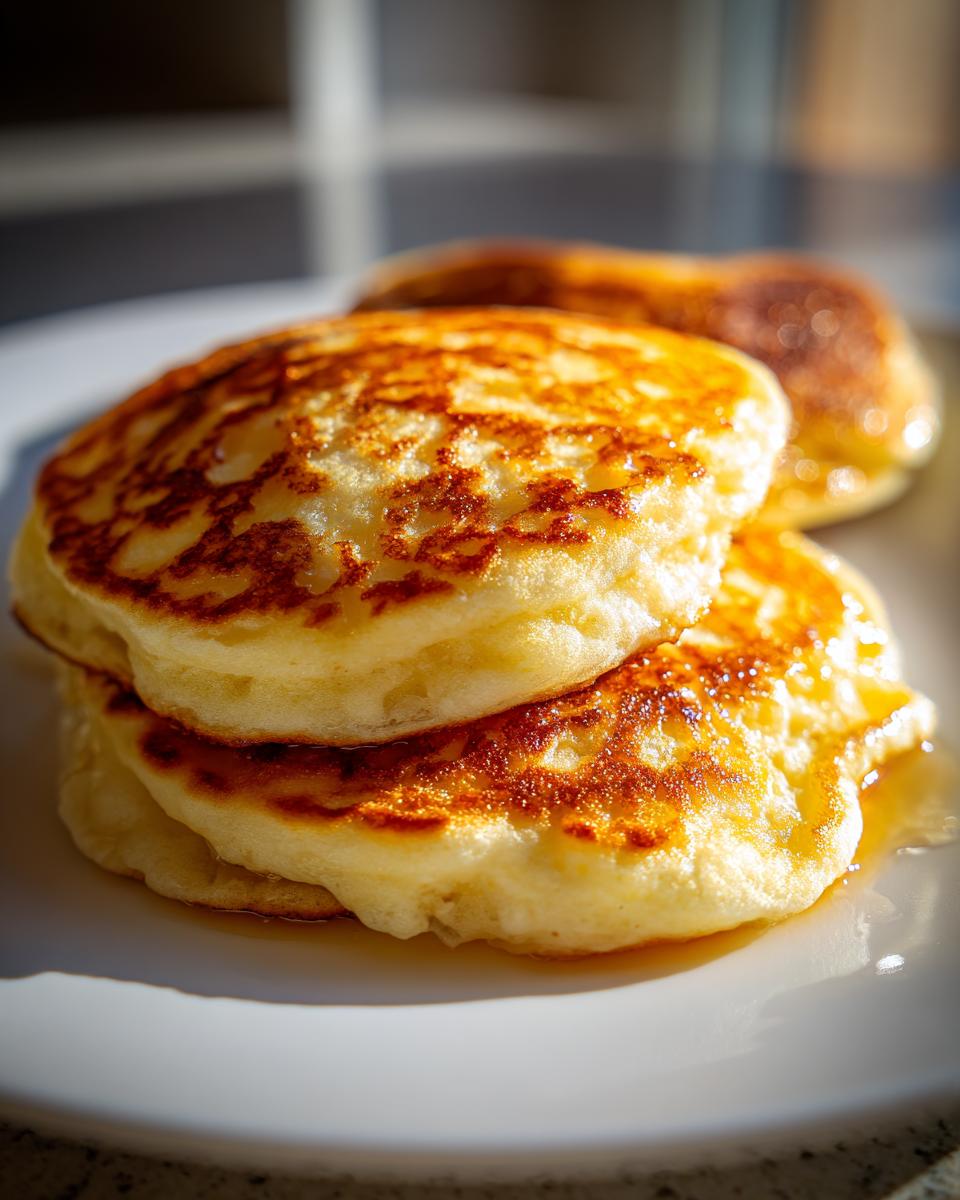 A close-up shot of a stack of three fluffy pancakes with golden-brown edges, served on a white plate.