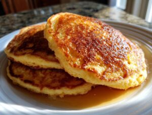 A stack of three golden brown, fluffy pancakes drizzled with syrup on a white plate.