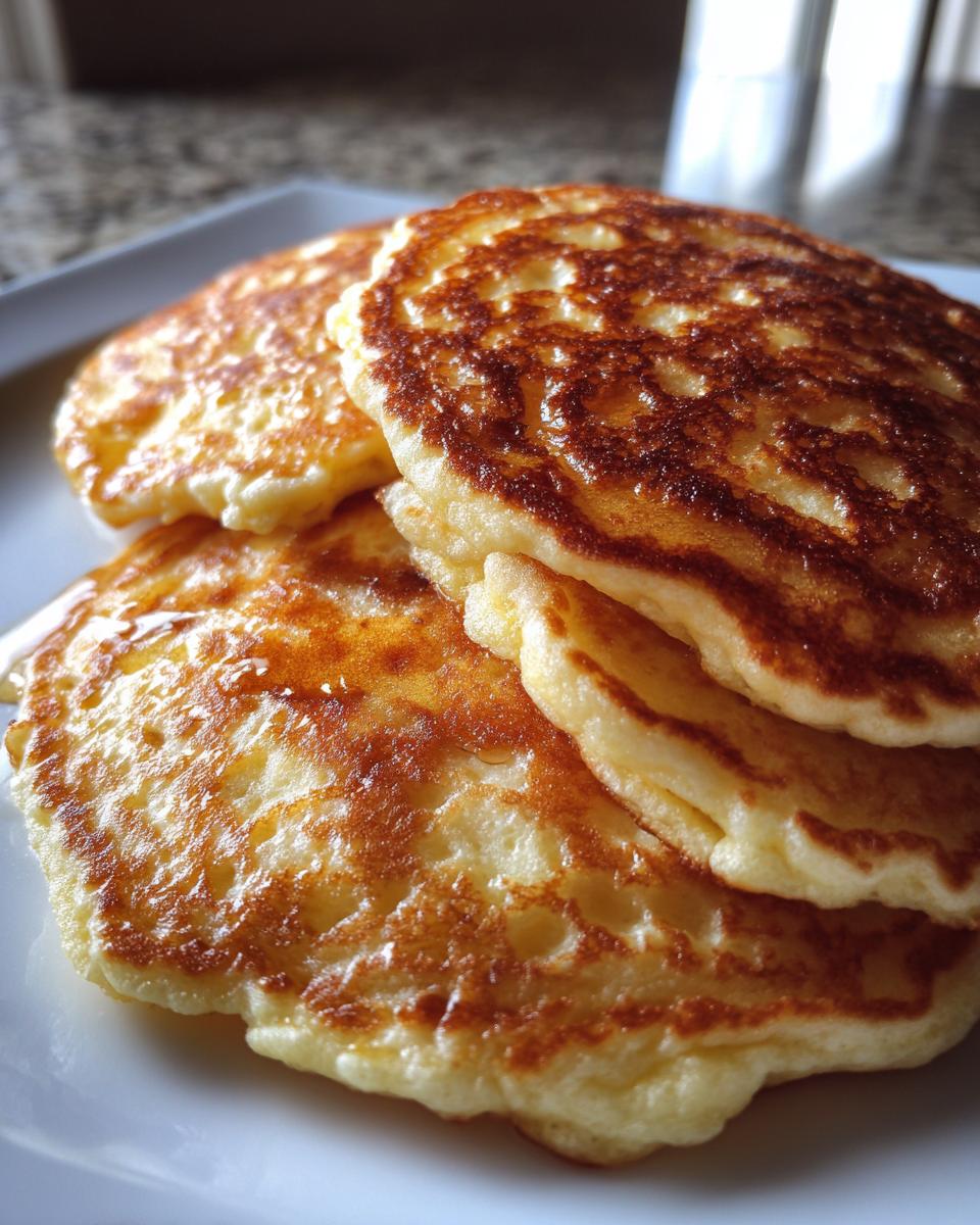 A close-up of a stack of three golden brown, fluffy pancakes with a slightly crisp edge.