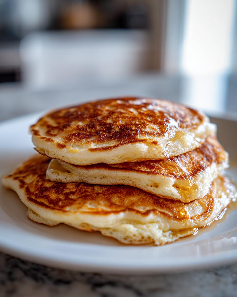 A close-up shot of a stack of three fluffy pancakes drizzled with golden syrup.