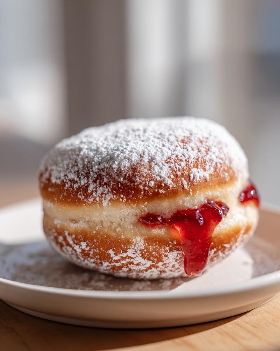Close-up of a fluffy, golden-brown Sufganiyot filled with dripping red jam and heavily dusted with powdered sugar.