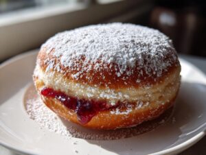 A close-up of a fluffy, golden-brown Sufganiyot generously dusted with powdered sugar and filled with bright red jam.