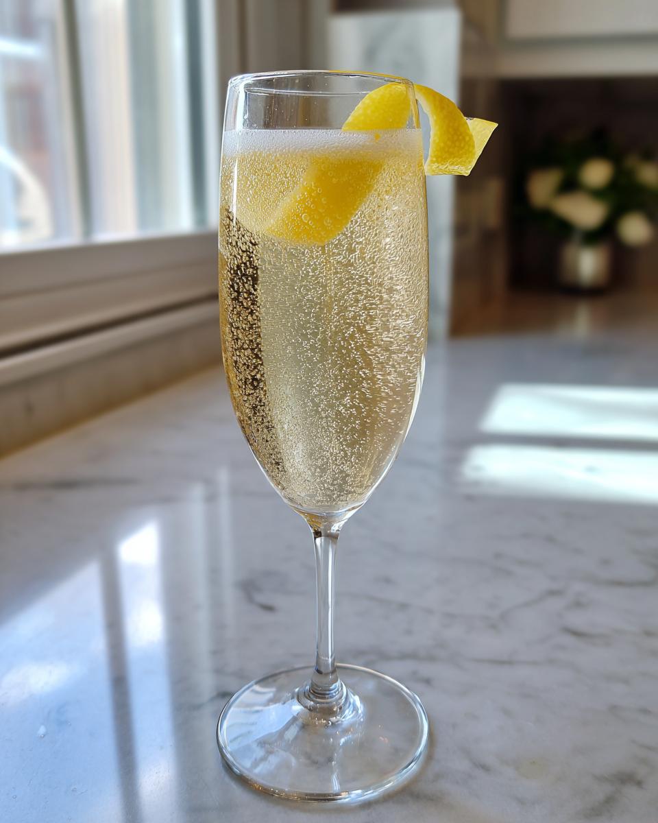 A sparkling French 75 cocktail garnished with a lemon twist, sitting on a marble countertop.