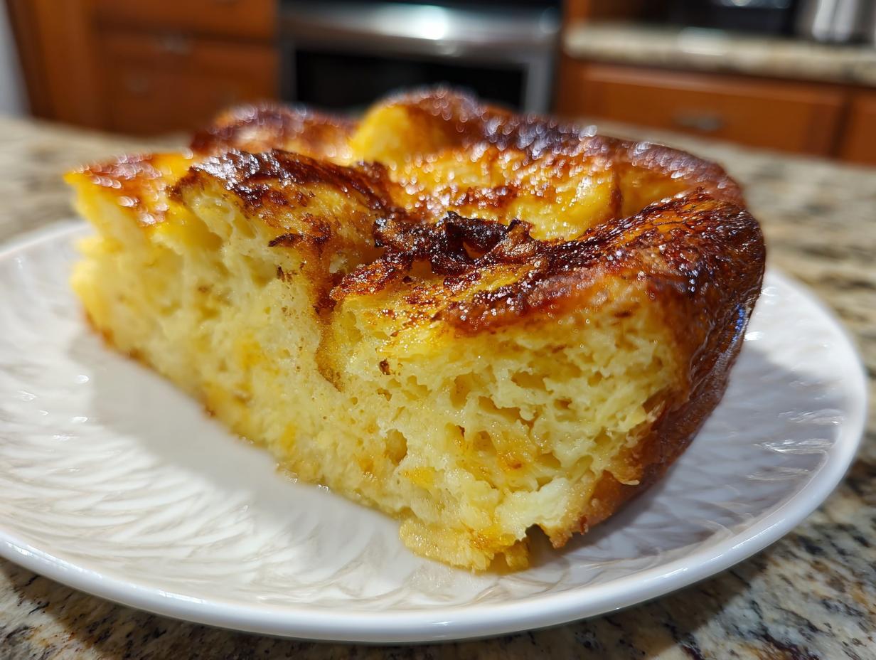 A close-up of a golden brown slice of French toast casserole on a white plate, showcasing its fluffy interior.