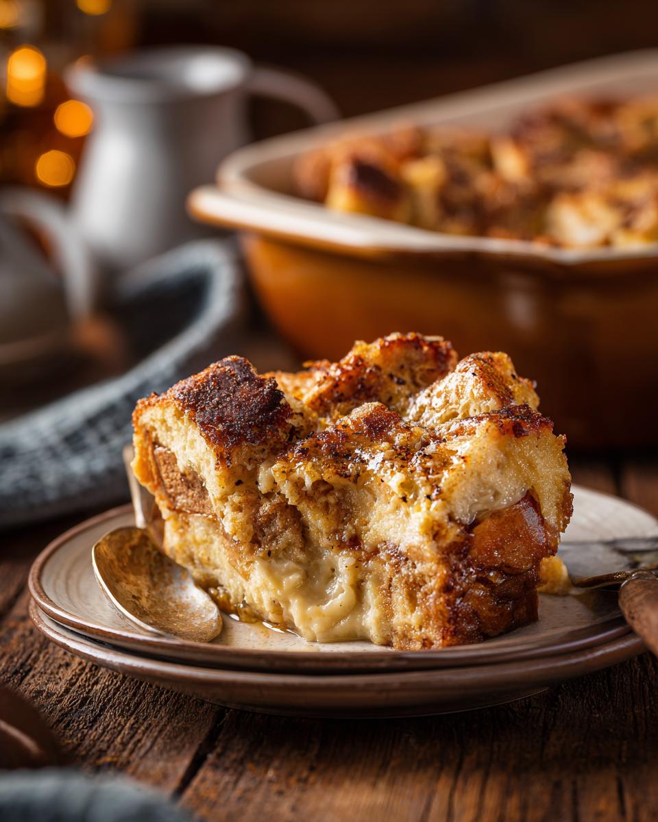 A close-up of a slice of French toast casserole on a plate, with a gooey center and golden-brown crust.
