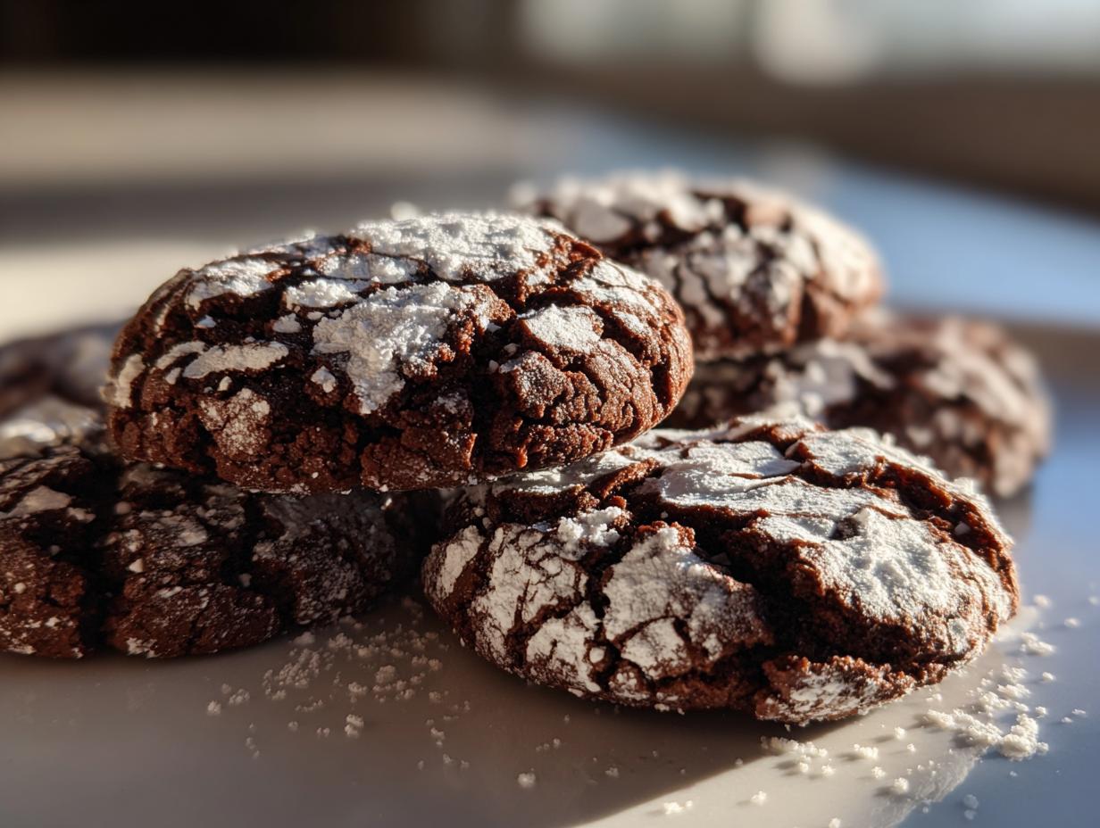 A close-up of several rich, dark Chocolate Crinkle Cookies dusted heavily with white powdered sugar.