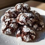 A pile of freshly baked, fudgy Chocolate Crinkle Cookies dusted heavily with powdered sugar on a white plate.