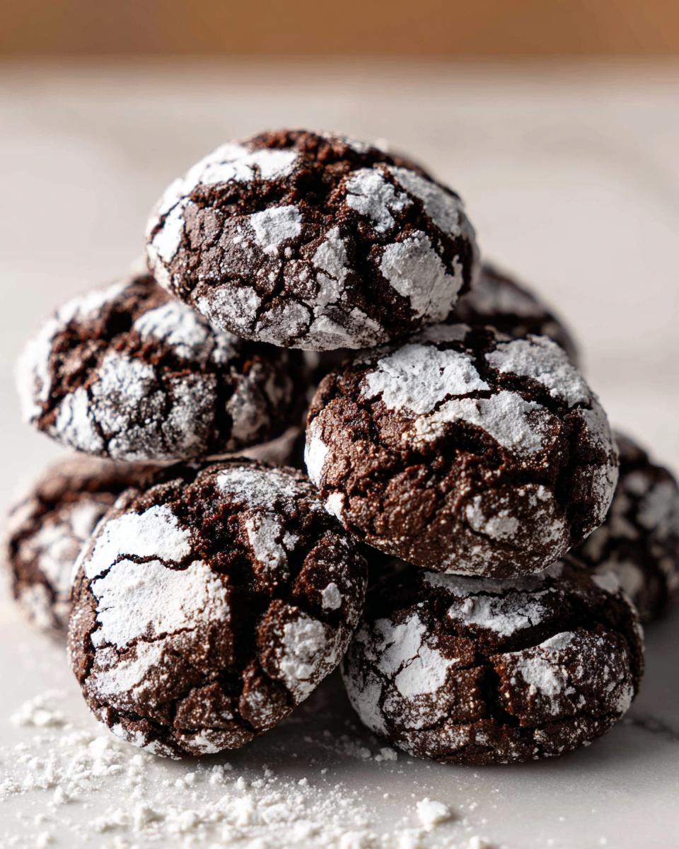 A close-up stack of fudgy Chocolate crinkle cookies heavily coated in cracked white powdered sugar.