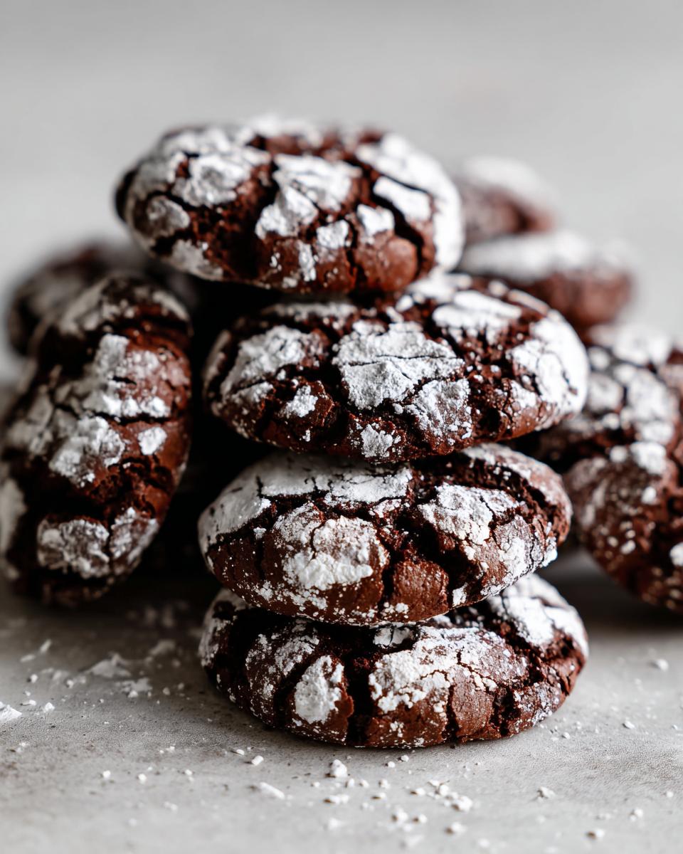 Close-up of a stack of rich, dark Chocolate Crinkle Cookies generously dusted with white powdered sugar.
