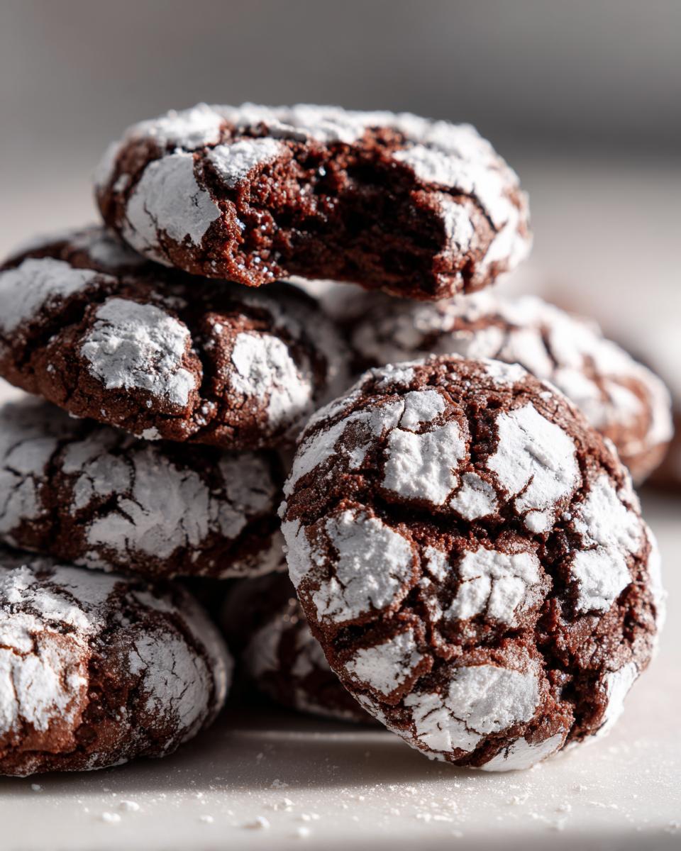 A close-up stack of rich, fudgy Chocolate Crinkle Cookies dusted heavily with white powdered sugar.