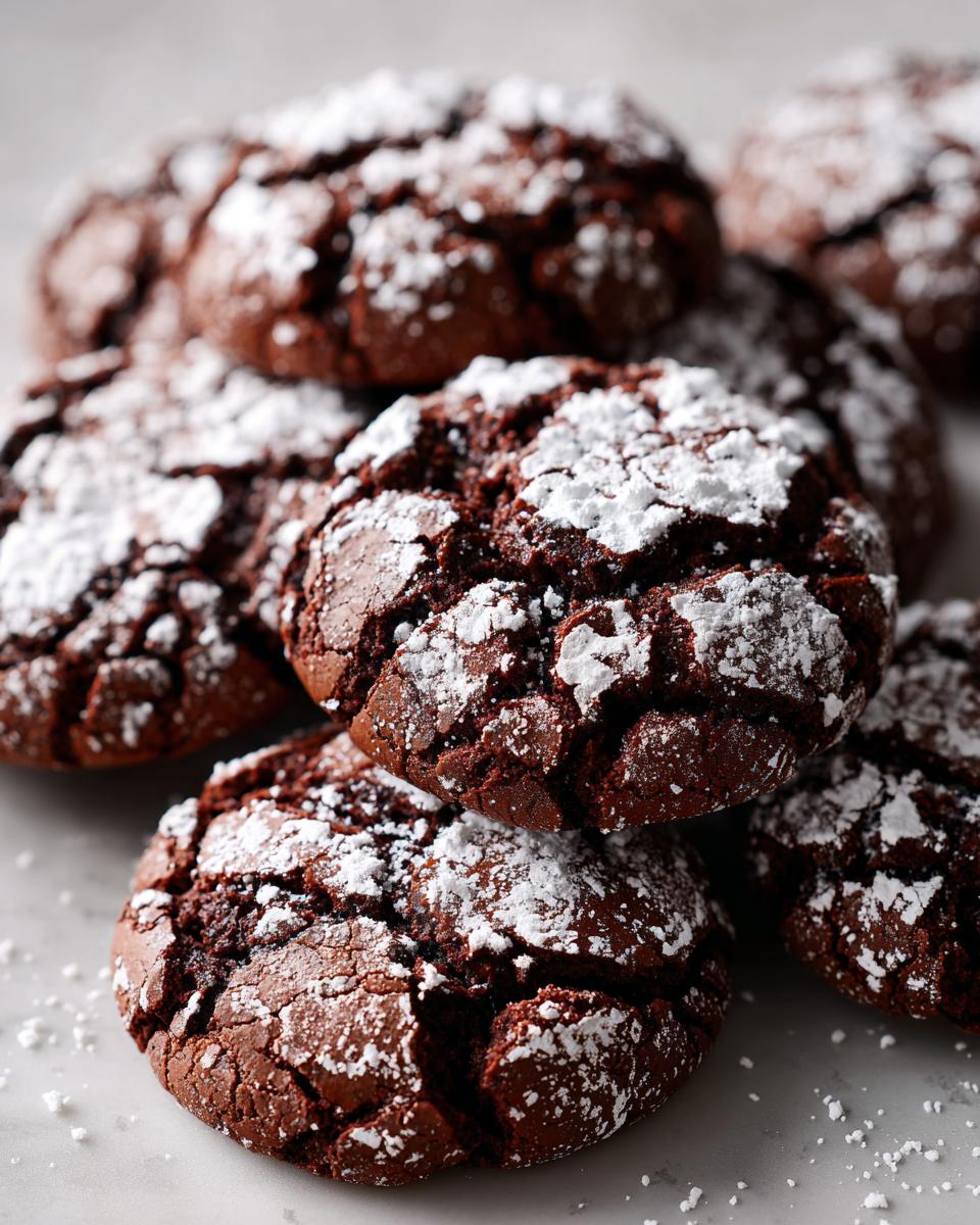 A close-up stack of rich, fudgy Chocolate crinkle cookies dusted heavily with white powdered sugar.