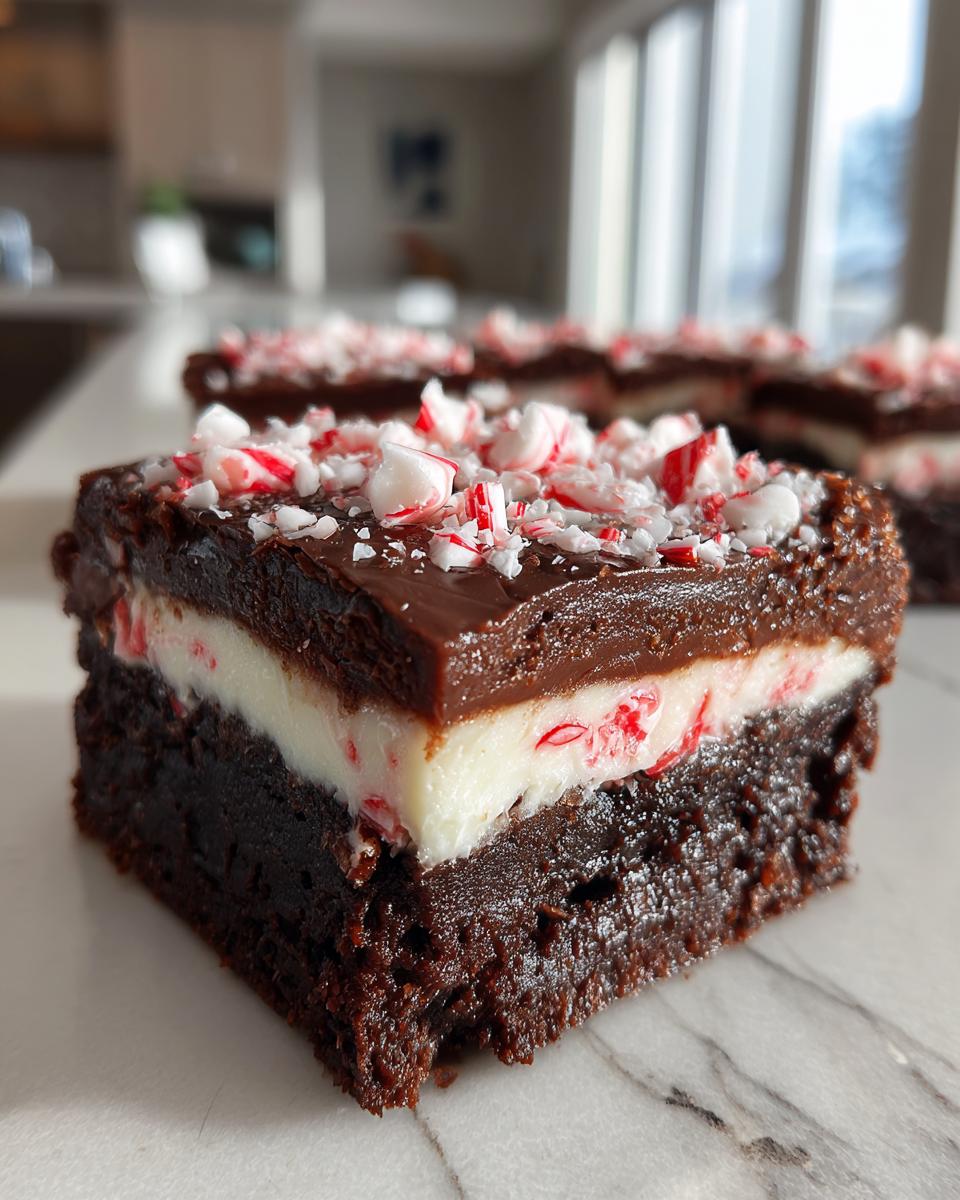 Close-up of a fudgy peppermint brownies square showing a dark chocolate base, white mint layer, and crushed candy canes on top.