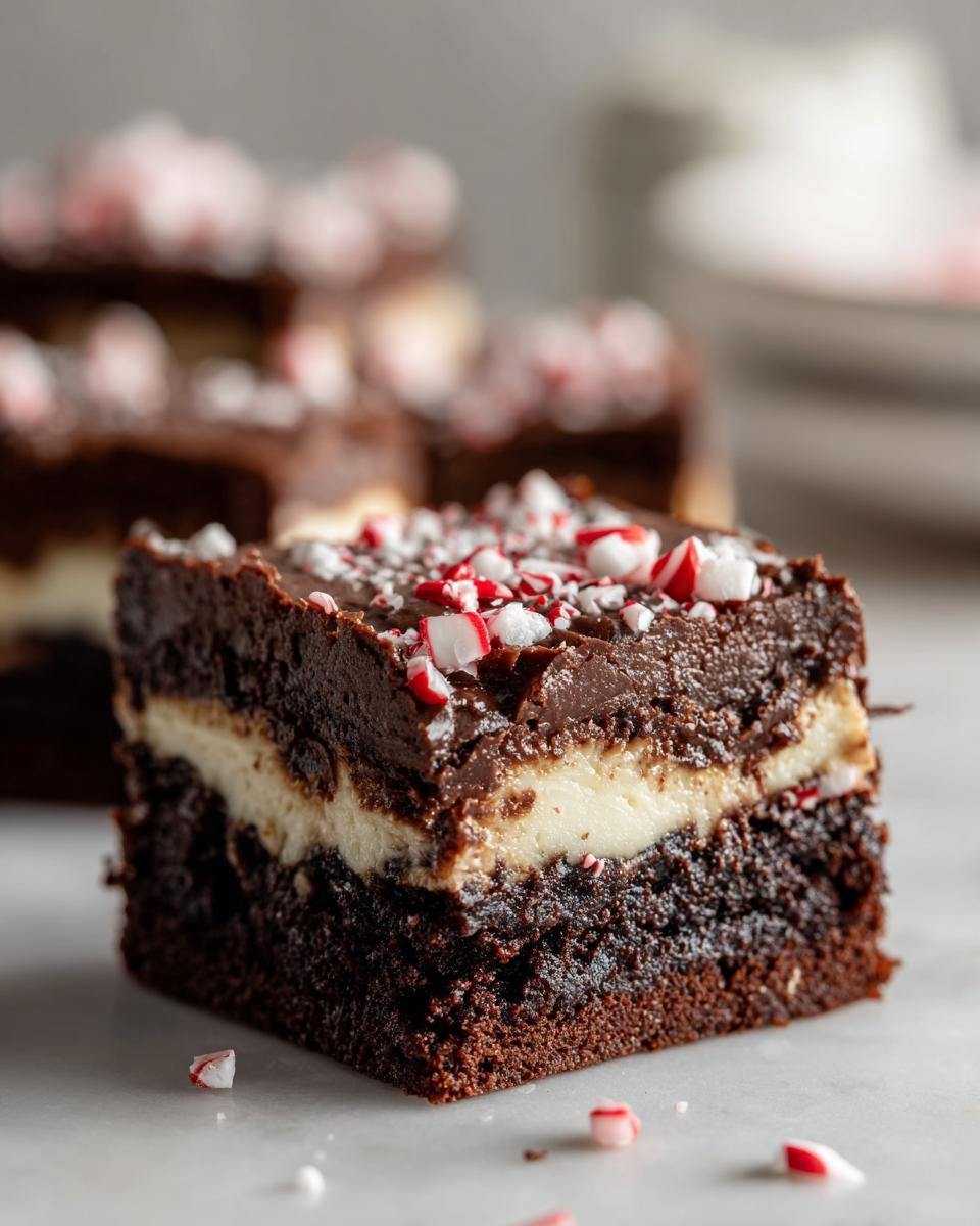 Close-up of a fudgy peppermint brownies square with a cream cheese layer, topped with chocolate ganache and crushed candy canes.