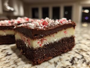 Close-up of a fudgy peppermint brownies square showing three layers: dark brownie, white mint filling, and chocolate ganache topped with crushed candy canes.