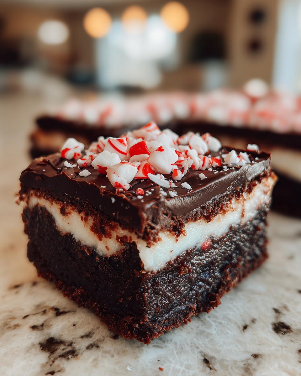 Close-up of a fudgy peppermint brownies slice featuring a dark chocolate base, white mint filling, and crushed candy canes on top.