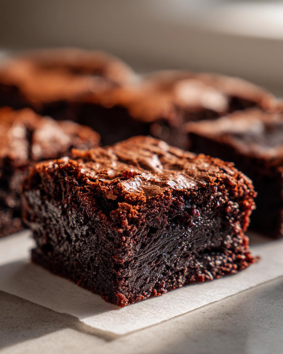 Close-up of a rich, fudgy vegan brownie with a slightly cracked top, showcasing its dense texture.