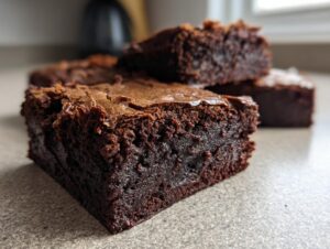 Close-up of a fudgy vegan brownie slice with a cracked top and dense interior.
